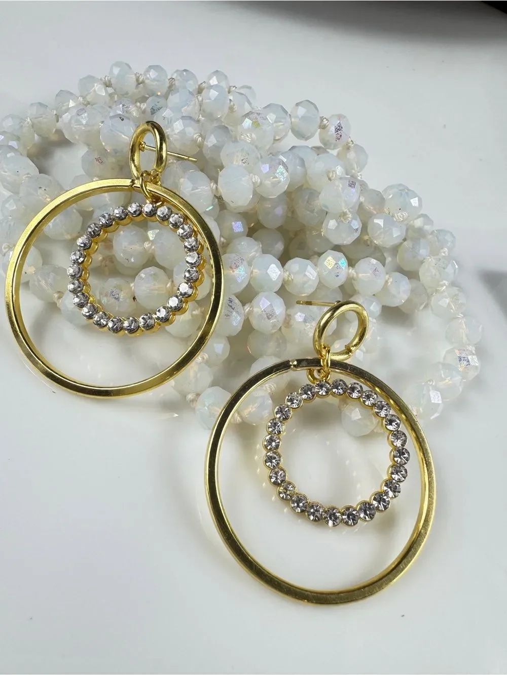 Gold Double Hoop Crystal Circle Drop Earrings